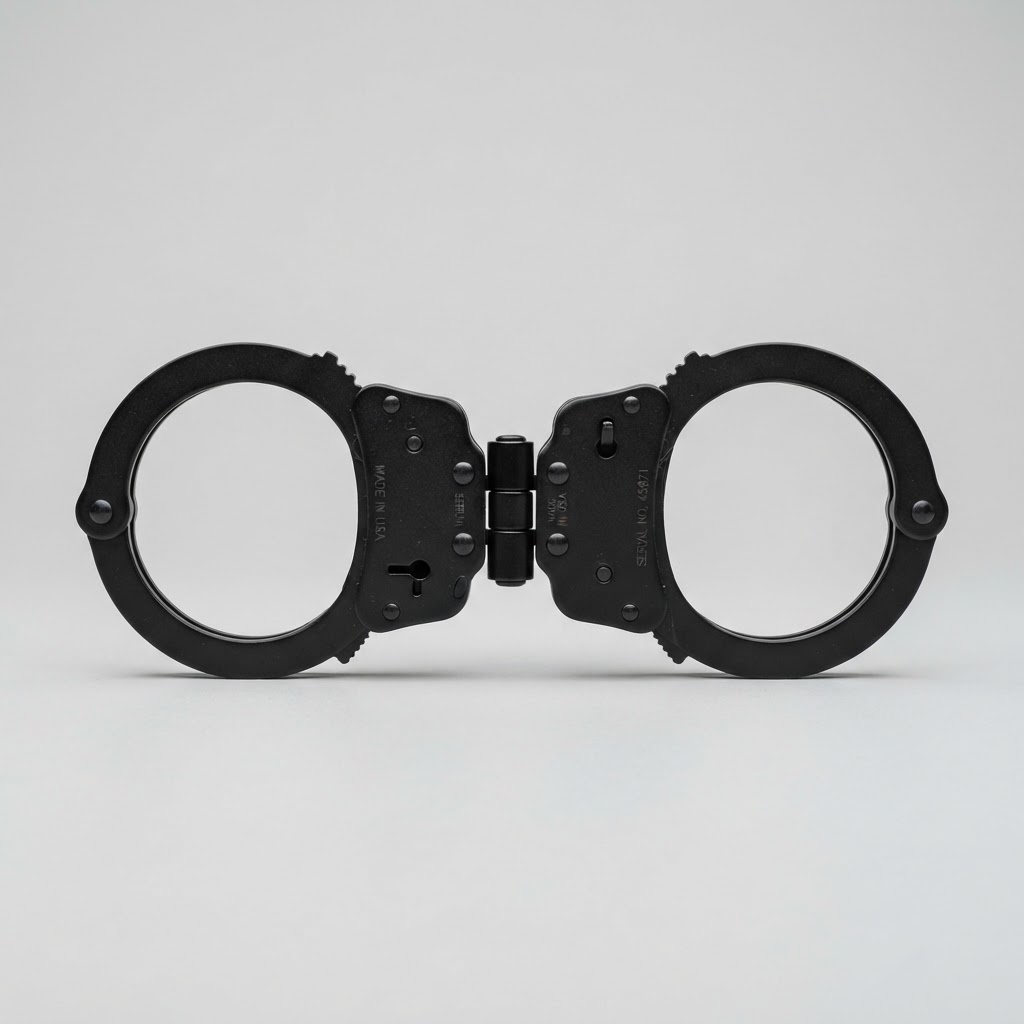 Black hinged handcuffs for professional security and restraint-equipment retailers