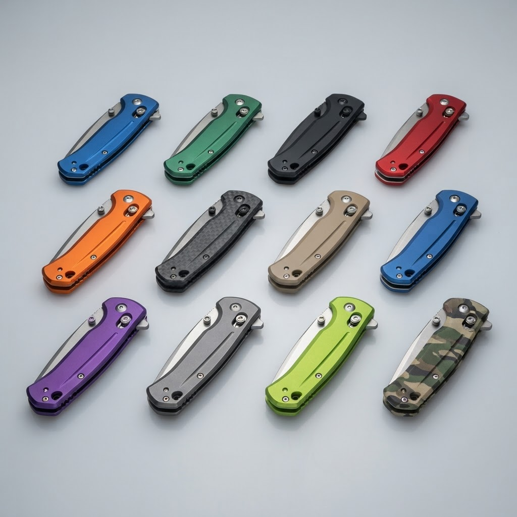 Colorful spring-assisted folding knives arranged safely for wholesale retail